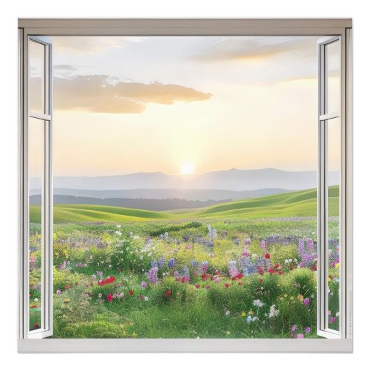 Sunset over Meadow Window View Fotodruck (Vorne)