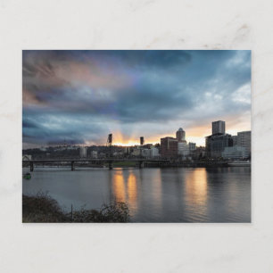 Sunset Over Portland Oregon Downtown City Postcard Postkarte