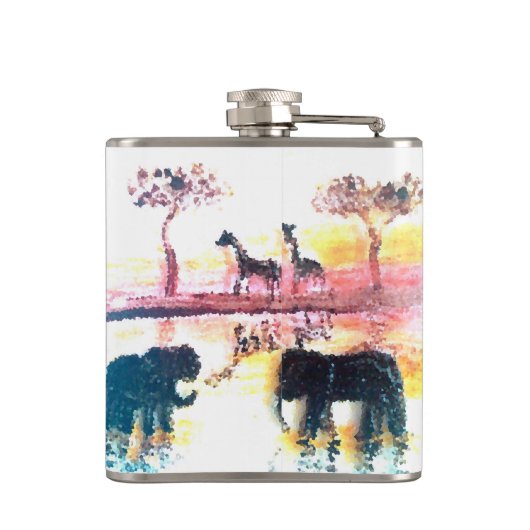 Sunset Painting African Elephant, Giraffe Flachmann (Rückseite)
