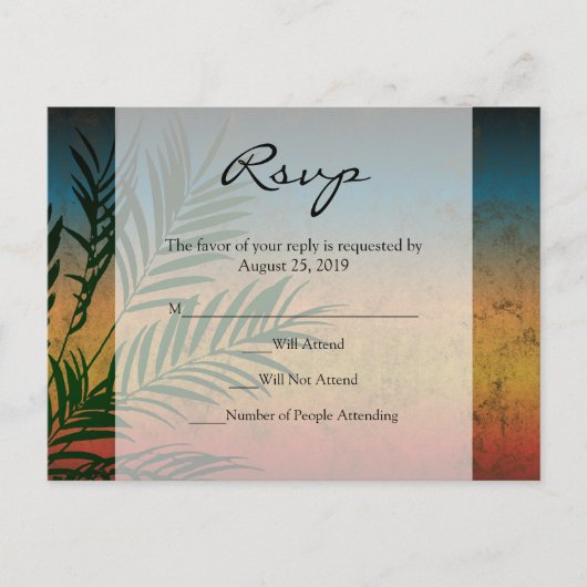 Sunset Palm Tree Branch Wedding RSVP Cards Einladungspostkarte (Vorderseite)