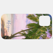 Sunset Palm Trees, Ihr Foto, Name Blue Script iPhone Hülle (Hinten horizontal)