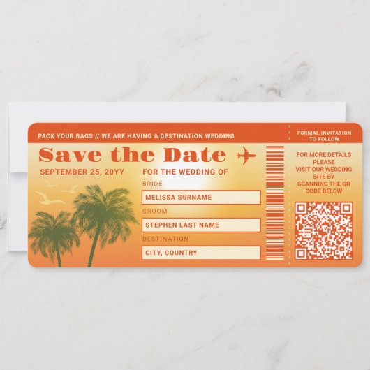Sunset Palm Trees Imitate Boarding Save the Date P Einladung (Vorderseite)