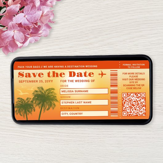 Sunset Palm Trees Imitate Boarding Save the Date P Einladung
