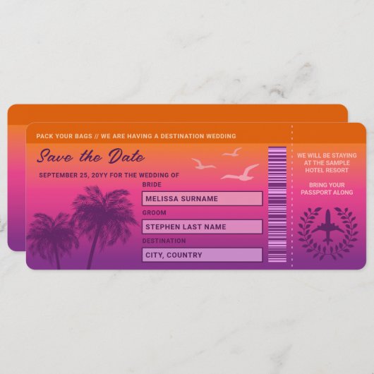 Sunset Palm Trees Imitate Boarding Save the Date P Einladung (Vorne/Hinten)