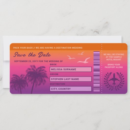 Sunset Palm Trees Imitate Boarding Save the Date P Einladung (Vorderseite)