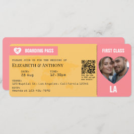 Sunset Pink & Goldenrod Boarding Pass Wedding Einladung