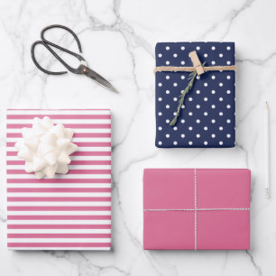 Sunset Pink und Navy Blue Stripe Polka Dot Schlich Geschenkpapier Set