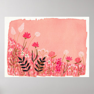 Sunset Pink Wild Field Artist Aquarellmalerei Poster