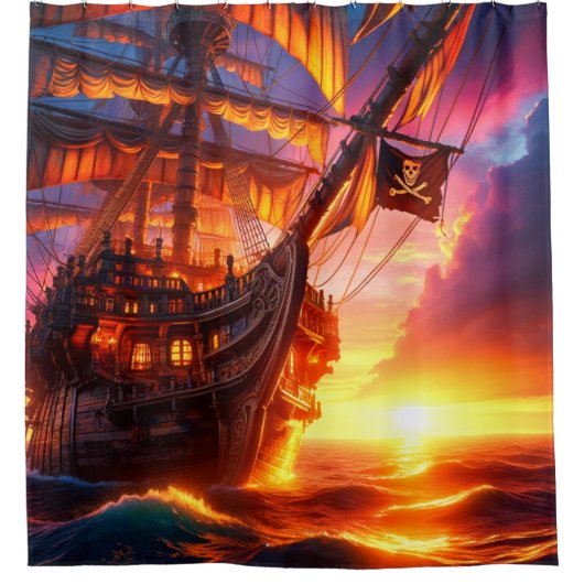 Sunset Pirate Ship Duschvorhang (Vorderseite)