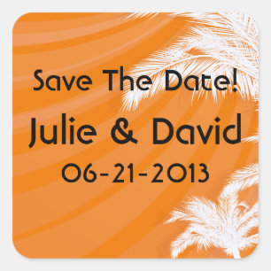 Sunset Plam Trees Wedding speichern das Datum Quadratischer Aufkleber