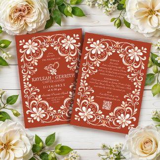 Sunset Red Rust Shabby Chic QR Hochzeitseinladung Einladung