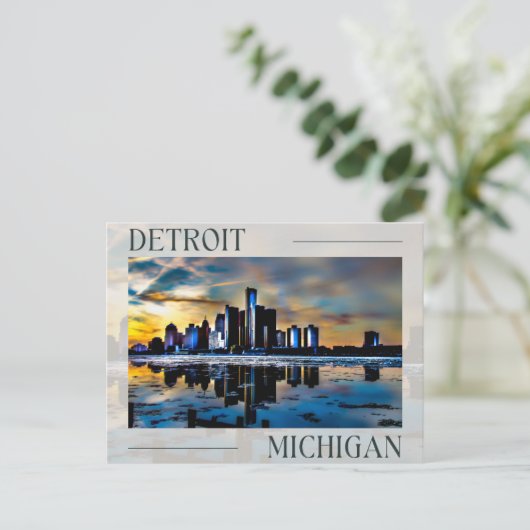 Sunset Reflections: Detroit Skyline Postcard Postkarte (Stehend Vorderseite)