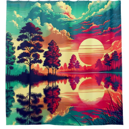 "Sunset Reflections - Lebhafte Landschaftskunst" Duschvorhang (Vorderseite)