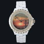 Sunset Resurrecrecrecrection Dove and Cross Armbanduhr<br><div class="desc">Sonnenuntergang Auferstehung Taube und Kreuz. Schönes religiöses Bild der Auferstehung des Herrn. frontiernow.com</div>