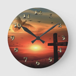 Sunset Resurrection Dove and Cross Runde Wanduhr