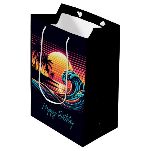 Sunset Retro Surf Wave Mittlere Geschenktüte (Vorderseite Schrägansicht)