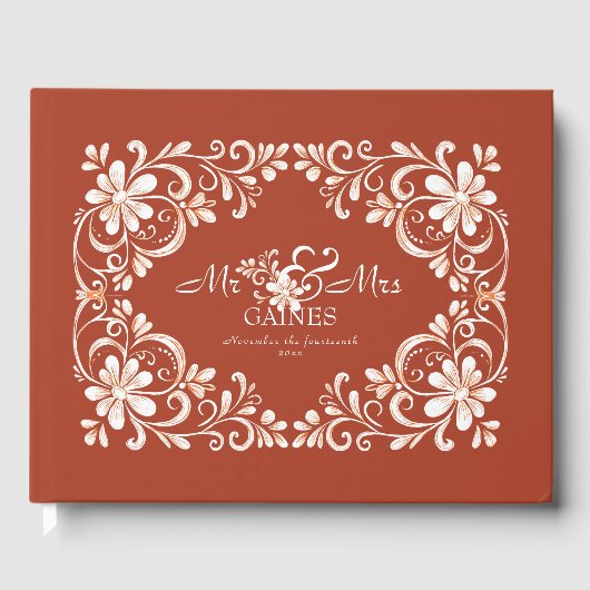 Sunset Rust Red Shabby Chic Wedding Guest Book Gästebuch (Vorderseite)