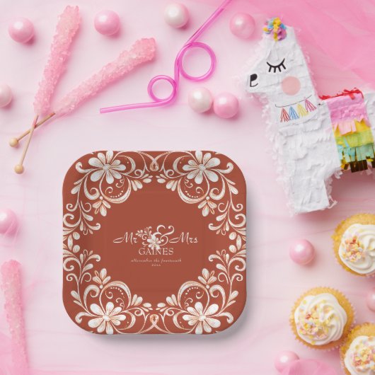 Sunset Rust Shabby Chic Mr & Mrs Wedding Plate Pappteller (Party)