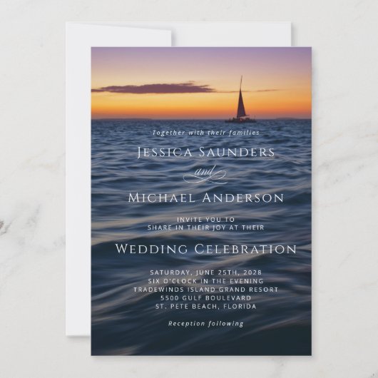 Sunset Sail Moderne Nautische Hochzeit mit QR-Code Einladung (Vorderseite)