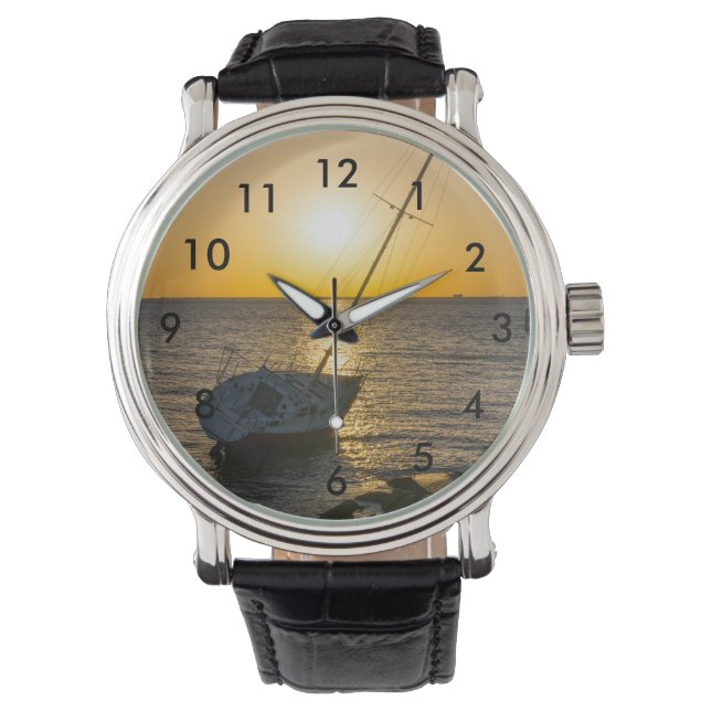 Sunset Sailboat Shipwreck Golf Breeze Wrist Watch Armbanduhr (Vorderseite)