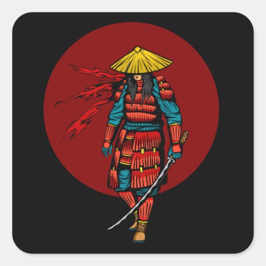 Sunset Samurai Warrior mit Katana Quadratischer Aufkleber (Vorderseite)