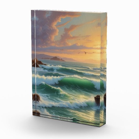 Sunset Seascape Painting Artwork Fotoblock (Rechts)