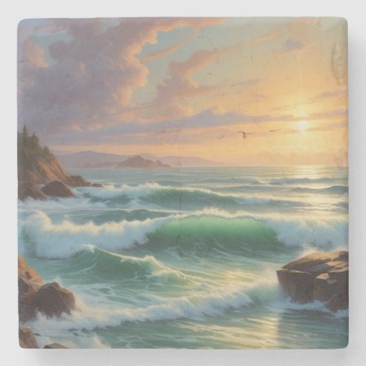 Sunset Seascape Painting Artwork Steinuntersetzer (Vorderseite)
