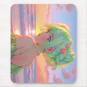 Sunset Seaside Anime Girl mit Mint Hair Buns Mousepad