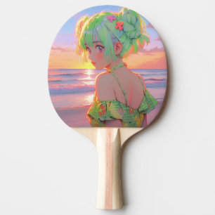 Sunset Seaside Anime Girl mit Mint Hair Buns Tischtennis Schläger