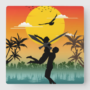 Sunset Silhouette Lover Summer Vibes Romantisches  Quadratische Wanduhr