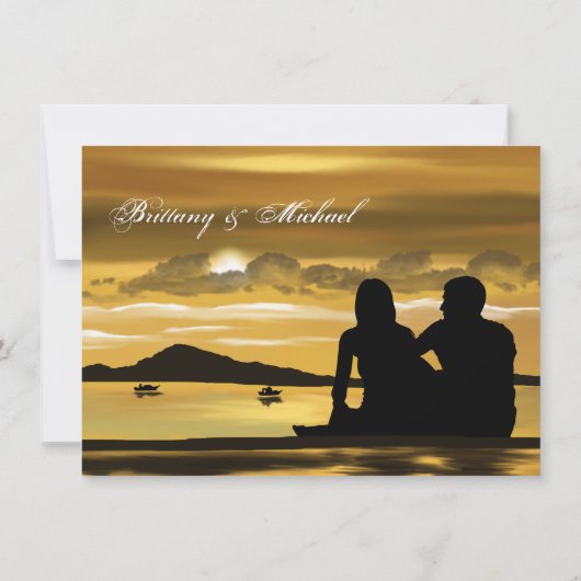 Sunset Silhouette Mountain Lake Wedding Invitation Einladung (Rückseite)
