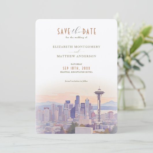 Sunset Silhouette Seattle Rett-the-Date Einladung (Stehend Vorderseite)