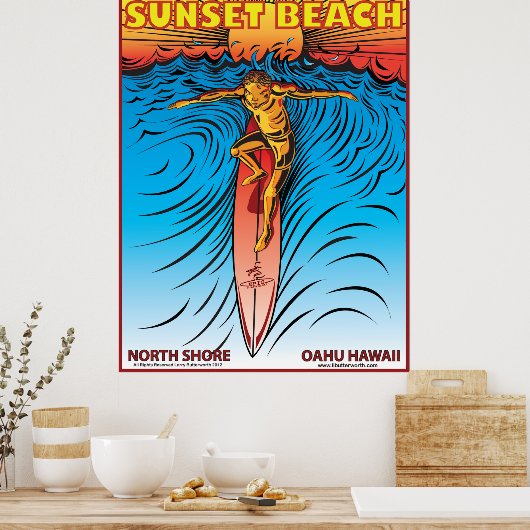 SUNSET STRAND HAWAII SURFBREAK SURFEN POSTER (Küche)
