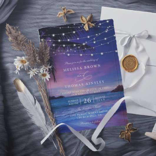 Sunset String Light Tropical Beach QR Code Wedding Einladung