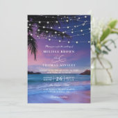 Sunset String Light Tropical Beach QR Code Wedding Einladung (Stehend Vorderseite)