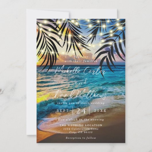 Sunset String Lights Beach Einladung zur Hochzeit (Vorderseite)
