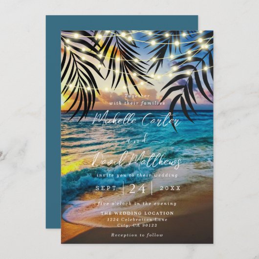 Sunset String Lights Beach Einladung zur Hochzeit (Vorne/Hinten)