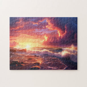 Sunset Sunrise Sundown Ocean Waves Naturemeer Puzzle