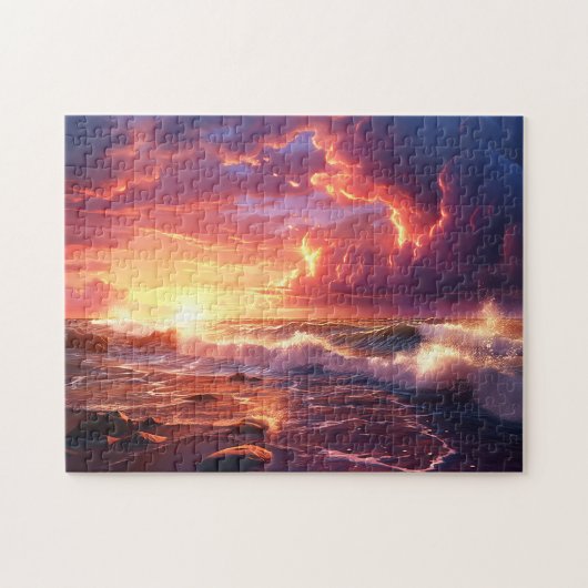 Sunset Sunrise Sundown Ocean Waves Naturemeer Puzzle (Horizontal)