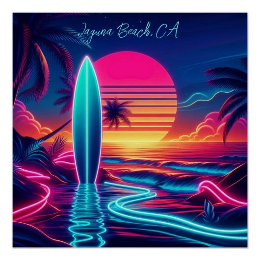 Sunset Surfboard Neon Lights- Poster (Vorderseite)