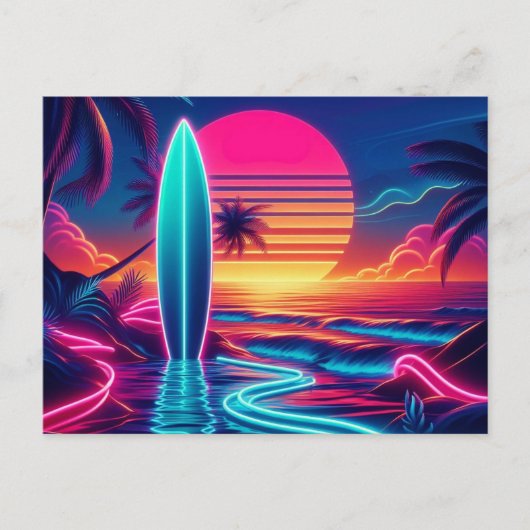 Sunset Surfboard Neon Lights Postkarte (Vorderseite)