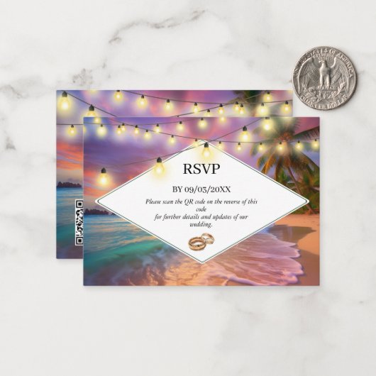 Sunset Tropical Beach QR Code UAWG Wedding Mitteilungskarte (Vorderseite/Rückseite Beispiel)