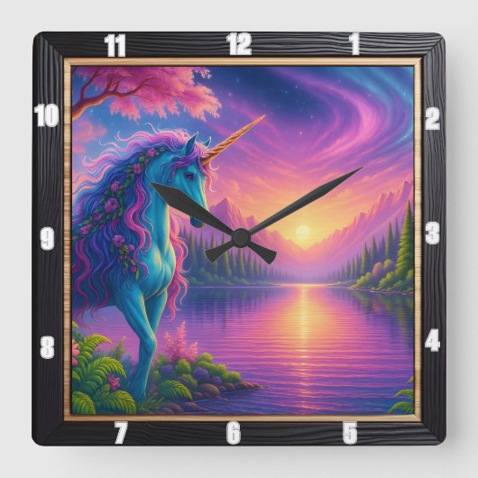 Sunset Unicorn Lake Forest Quadratische Wanduhr (Vorderseite)