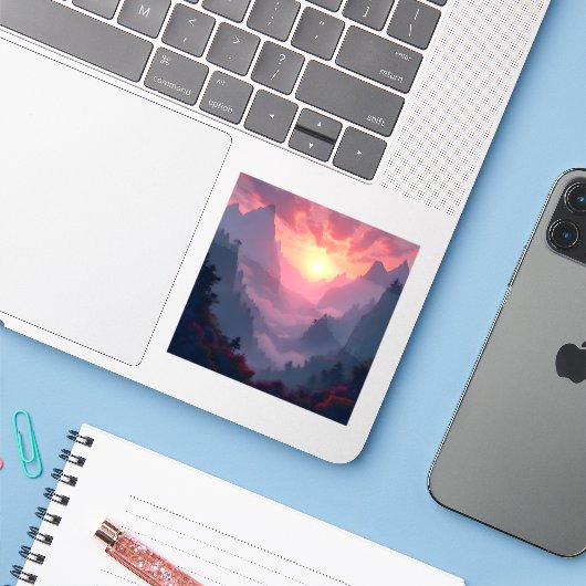 Sunset Valley - Square Vinyl  Aufkleber (Laptop mit iPhone)