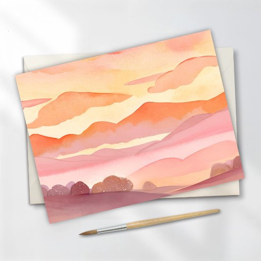 Sunset Watercolor Hills | Orange Hue Sky Painting Postkarte