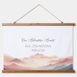 Sunset Watercolor Mountain Wedding Gästebuch Wandteppich Mit Holzrahmen