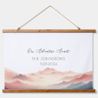 Sunset Watercolor Mountain Wedding Gästebuch Wandteppich Mit Holzrahmen
