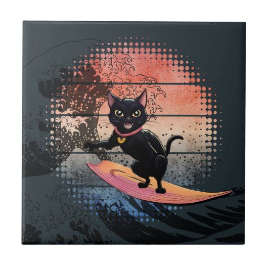 Sunset Wave Riding Cat Fliese (Vorderseite)