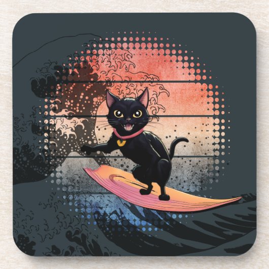 Sunset Wave Riding Cat Getränkeuntersetzer (Vorderseite)