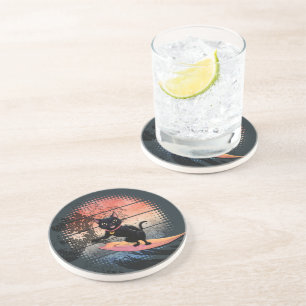 Sunset Wave Riding Cat Getränkeuntersetzer